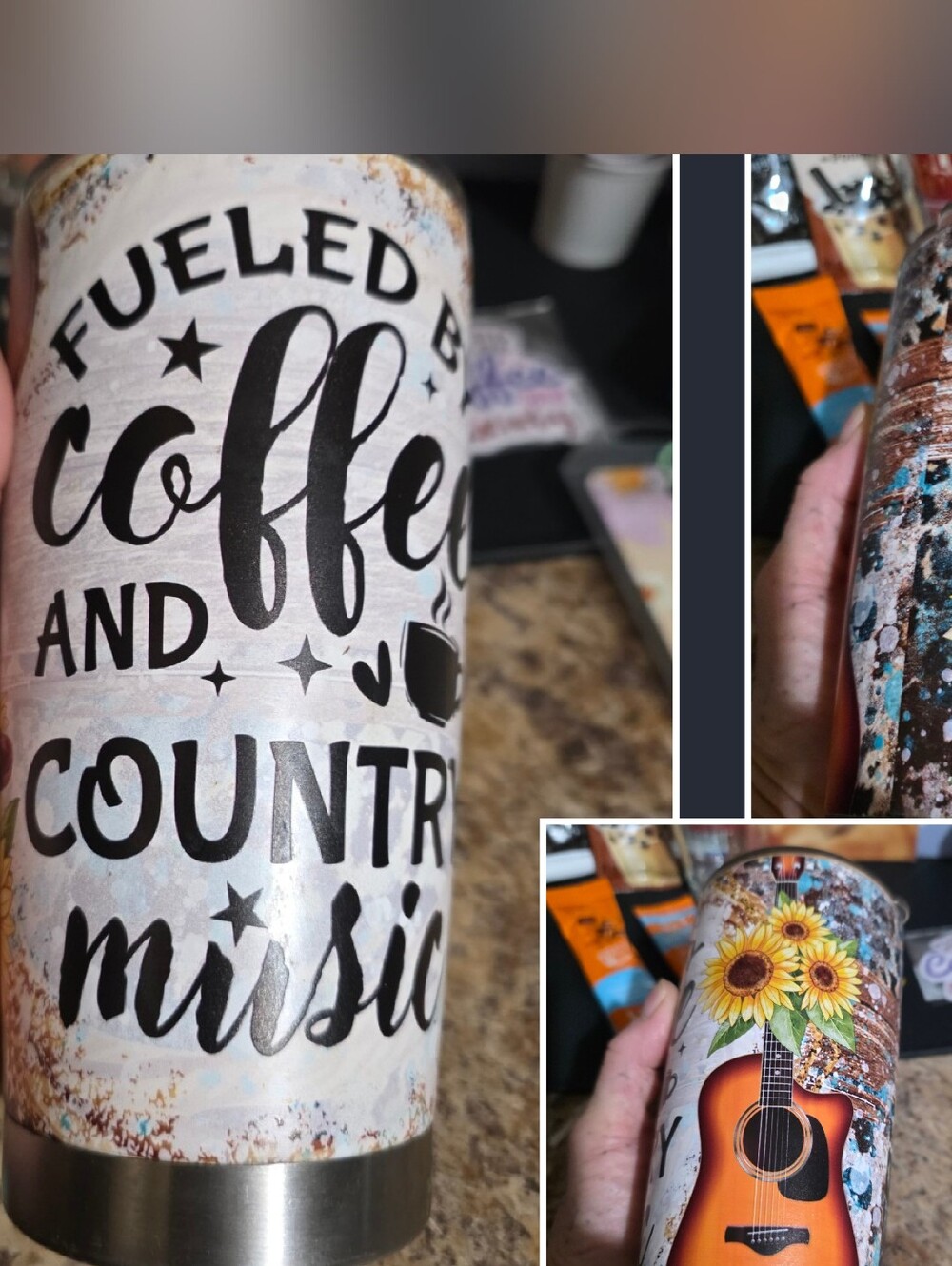 Coffee & Country Music Stainless Tumbler - Sunflower Guitar Design